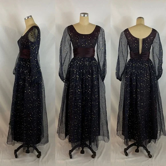 Vintage 50s Maxi Dress Navy & Gold Polka Dot Formal Gown XS/S - Picture 13 of 13